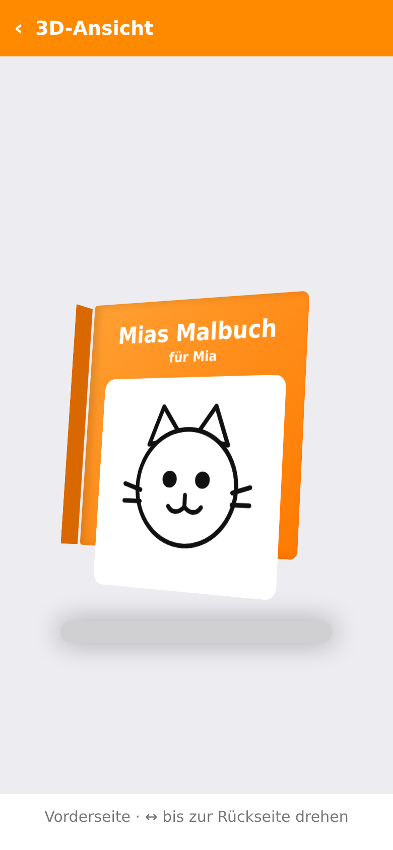 The finished book in the 3D view: an orange cover reading “Mias Malbuch – für Mia” with a cat motif