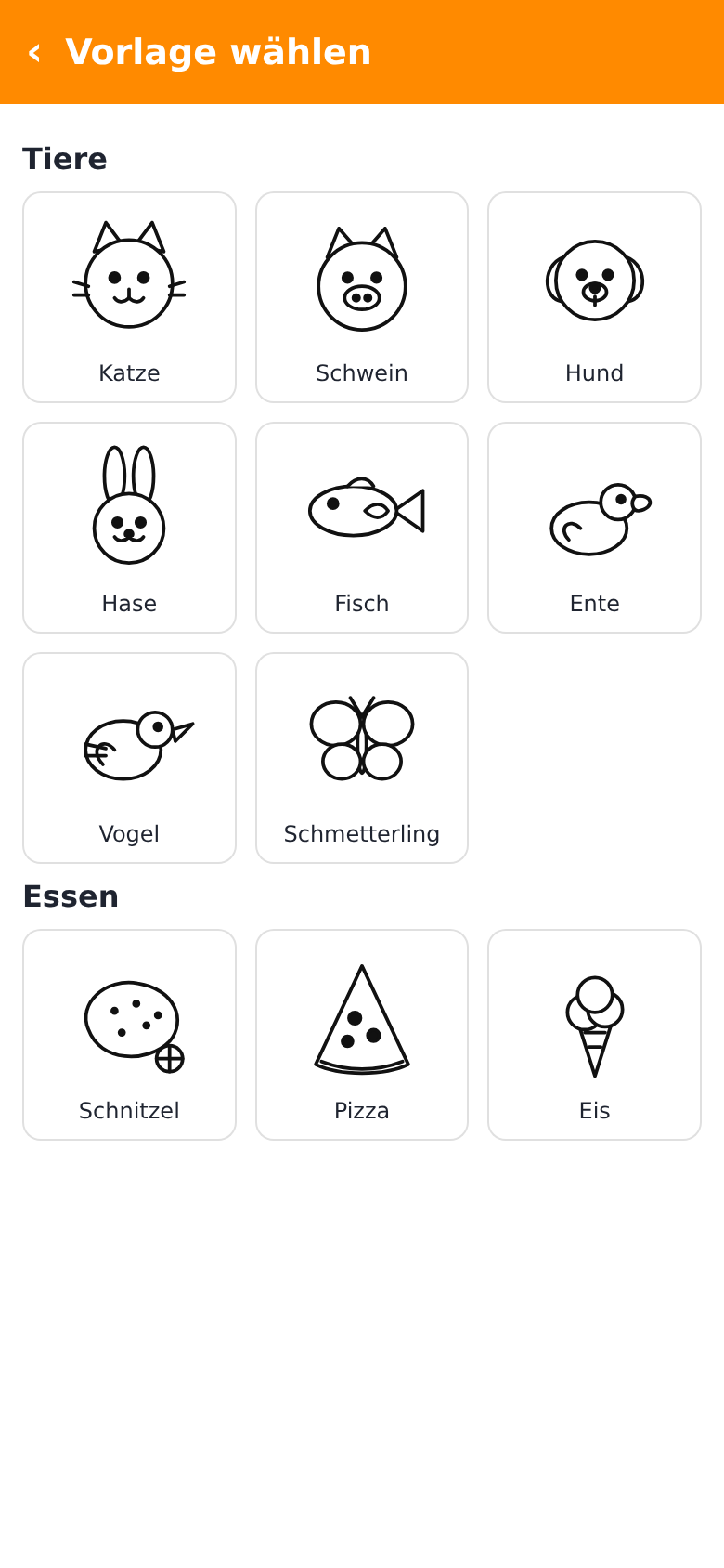 Template picker with the groups Animals and Food: cat, pig, dog, rabbit, fish, duck, bird, butterfly